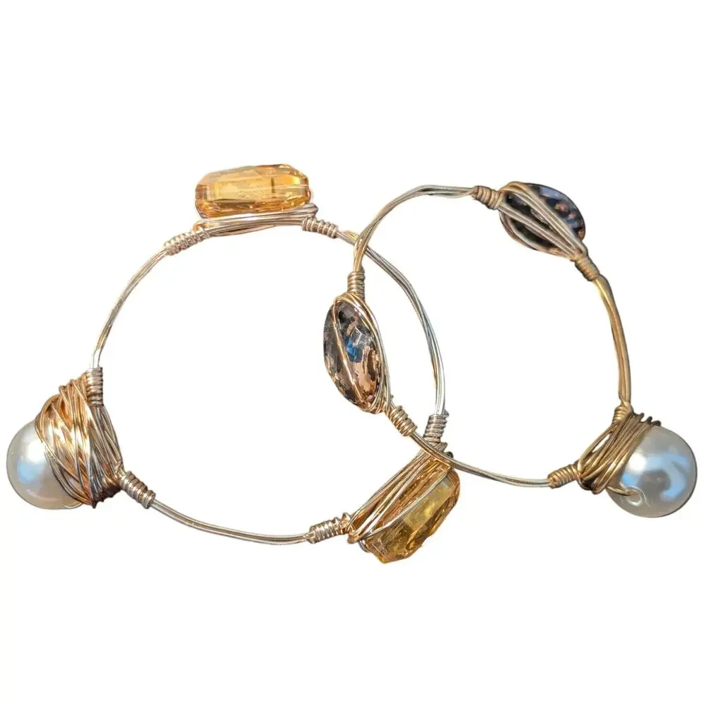 Two Chunky Wire Wrapped Gold Tone Faux Pearl Gem 2.5